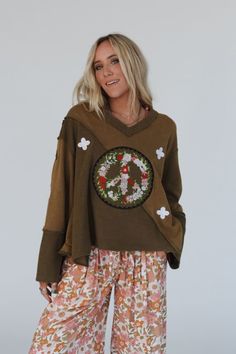 Peaceful Embrace Sweater - Olive Boho Essentials, Bralette Outfit, Patchwork Top, Boho Leather, Leather Cuffs Bracelet, Leather Cuffs, Boho Vibe, Peace Sign, Cotton Sweater