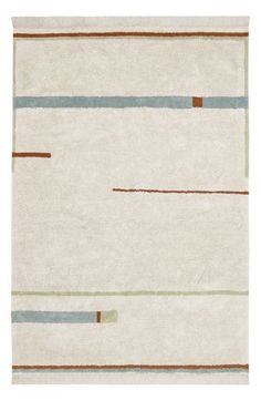 a white rug with blue, brown and beige stripes on the bottom half of it