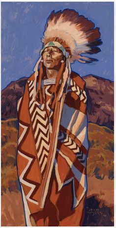 an oil painting of a native american man in red and white blanket with headdress