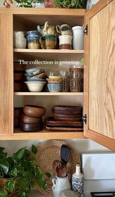 a wooden cabinet filled with lots of dishes