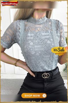 Crochet Lace Short Sleeve Top P6380289720 Fitted Casual Lace Top For Party, Elegant Gray Crew Neck Top, Gray Party Tops For Spring, Gray Party Top For Spring, Elegant Gray Short Sleeve Tops, Lace Top Blouse, Crochet Lace Shorts, Style Hacks, Lace Long Sleeve Shirt