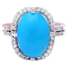 5.52 Carat Natural Turquoise 14K Solid White Gold Diamond Ring - Fashion Strada 14k White Gold Diamond Ring, Turquoise Jewelry Native American, Gold Diamond Ring, White Gold Diamond Rings, Oval Stone, London Blue Topaz, London Blue, Natural Turquoise, Diamond Stone