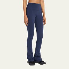 Splits59 "Raquel" flare pants in four-way stretch Supplex fabric  High-rise waistband Cropped at the ankle Fitted through hip; flared from knee Pull-on style  Nylon/polyester Imported Blue Stretch Full-length Flares, High Stretch Elastane Flare Activewear, Compressive Full-length Leggings, Flare Yoga Pants In Athleisure Style, Blue Flare Pants In Elastane, Blue Flare Pants With Elastane, Fitted Wide Leg Yoga Leggings, Flare Activewear In Elastane, Fitted Wide Leg Yoga Flares