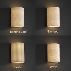 four different types of wall lights with names on each one side and below the light