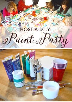 kids sitting at a table with paint and paper on it, and the words host a diy paint & party