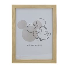 a mickey mouse drawing in a wooden frame with the words mickey mouse printed on it