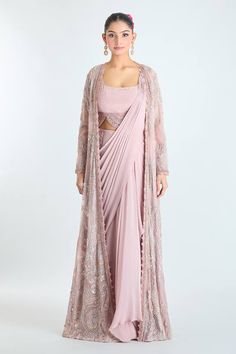 Pink pre-draped saree with pleated pallu. Paired with scallop border embroidered blouse and sequin, bead, thread, cutdana embroidered longline jacket. - Aza Fashions U Neck Blouse, Ridhima Bhasin, Scalloped Blouse, Draped Saree, Scallop Border, Longline Jacket, Pink Embroidery, Drape Saree, Beaded Neckline