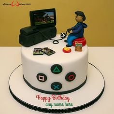 a cake with a man sitting on top of it, holding a video game controller