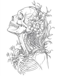 a drawing of a skeleton with flowers on its head and the back of it's head