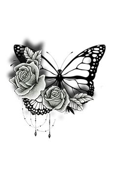 a black and white drawing of a butterfly with roses