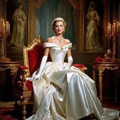 a woman in a white dress sitting on a red chair with gold trimmings