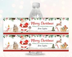 two christmas water bottle labels with santa claus and reindeer