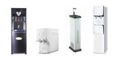 there are three different types of water dispensers in this photo, one is white and the other is black