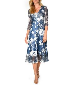 Shop for Komarov V-Neck Sheer Hem 3/4 Sleeve Midnight Vine Floral Print Charmeuse Midi Dress at Dillard's. Visit Dillard's to find clothing, accessories, shoes, cosmetics & more. The Style of Your Life. Floral Dress Outfits, Mob Dresses, Midi Dress Party, A Line Gown, Midi Dress With Sleeves, Fall Fashion Outfits, Dillard's, Lace Sleeves, Mother Of The Bride Dresses