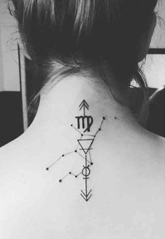 a woman's upper back neck tattoo with the zodiac sign and stars on it