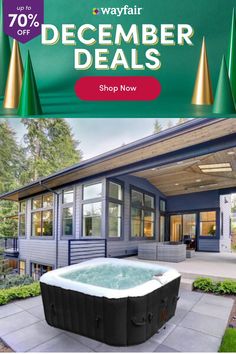 a hot tub sitting in front of a house with the words wayfair our biggest - ever black friday