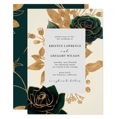 a wedding card with green and gold flowers