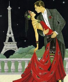 a painting of a man and woman in front of the eiffel tower at night