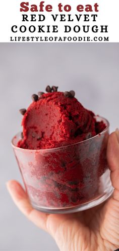 red velvet cookie dough in a glass bowl with text overlay that reads safe to eat red velvet cookie dough