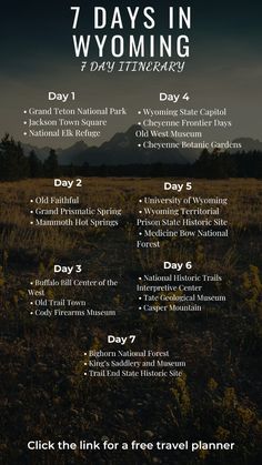 the 7 days in wyoming flyer with information for each day and their dates on it