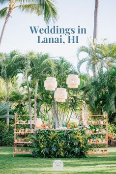 the cover of wedding in lanai, hi with palm trees and flowers on display