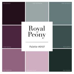 the royal peony palette is shown in shades of purple, green and greys