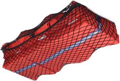 a red bag with black mesh on the bottom and blue accents is shown against a white background