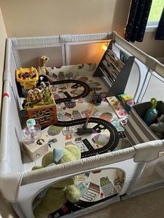 a toy train set up in a play room