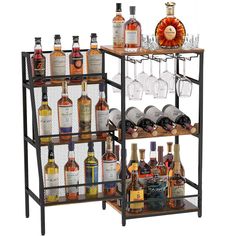 two shelves with bottles and glasses on them