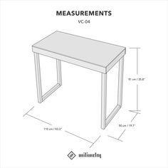 a table with measurements for the legs and top, which are not shown in this image