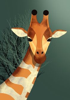 a giraffe's head is shown with trees in the foreground and green background