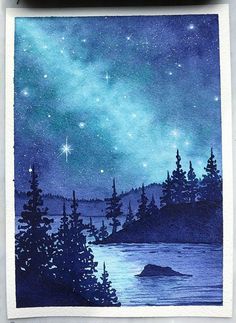 a watercolor painting of the night sky with stars above trees and a body of water