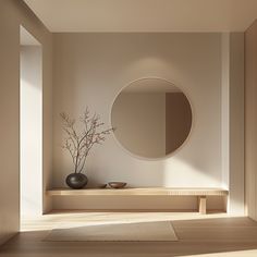 a round mirror on the wall above a wooden shelf with a vase and flower in it