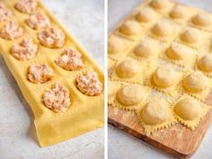 two pictures side by side one shows dough and the other shows pastries on a wooden cutting board