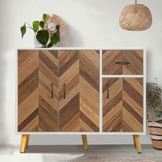 a wooden cabinet with two doors and three drawers in a room next to a potted plant