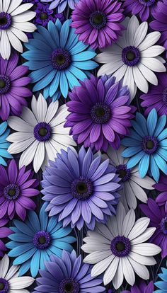 a bunch of purple and blue daisies are in the middle of a wallpaper