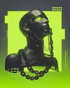 a black robot with chains around its neck and head, on a neon green background