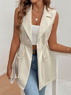 Chaqueta informal con cordón, cuello alto y sin mangas, de unicolor, para primavera y otoño, para mujer Albaricoque Casual  sin mangas Tela tricotada Liso Chaleco Elástico Ligero  Women Clothing, size features are:Bust: ,Length: ,Sleeve Length: Outfit Sport, Denim Jacket And Jeans, Sleeveless Puffer, Drawstring Jacket, Long Sleeve Denim Jacket, Breast Tape Lift, Women Coats, Vest Coat, Elegant Dresses Long