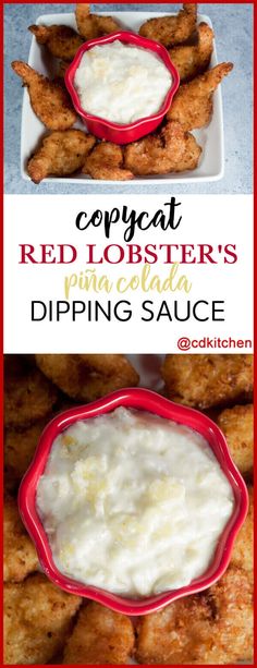 red lobster's dipping sauce in a bowl on top of fried shrimp