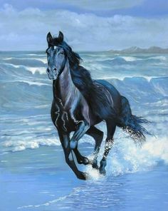 a painting of a black horse running on the beach with waves crashing in front of it