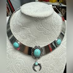 Silver Choker With Turquoise Stone Matching Earrings Womens Chokers, Silver Choker, Silver Blue, Turquoise Stone, Matching Earrings, Blue And Silver, Womens Jewelry Necklace, Choker, Color Blue