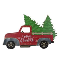 a red truck with a christmas tree on the back is parked in front of a white background