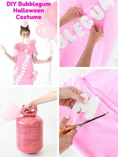 diy bubblegum halloween costume for kids with balloons and air balloon cutouts to make it look like a princess