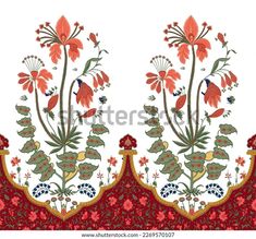 an ornate floral design with red flowers and green leaves on a white background - stock photo