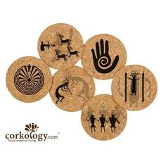 six cork coasters with different symbols on them, including hand and circle designs in black