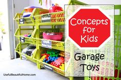 there is a sign that says concept for kids garage toys on the shelf in this store