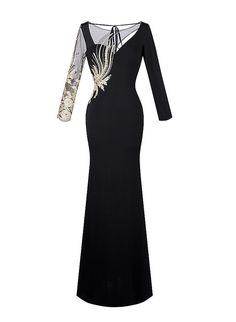 Women's Long Sleeves Embroidery Hollow Out See through Floor Length Evening Dress Black Elegant Floor-length Dresses With Embroidered Sleeves, Elegant Party Gown With Embroidered Sleeves, Embroidered Dresses With Fitted Bodice For Evening, Fitted Dress With Customizable Length For Banquets, Black Embroidered Dresses For Banquet, Black Embroidered Dress For Banquet, Fitted Wedding Gown With Embroidered Sleeves, Embroidered Fitted Floor-length Dress, Elegant Fitted Dresses With Embroidered Sleeves