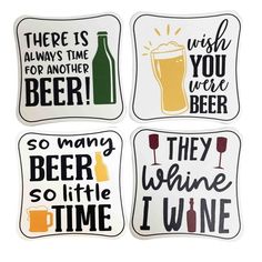 four coasters that have different types of beer and wine written on the side of them