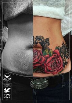 a woman's stomach before and after her tattoo