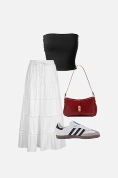 Check out this cute white maxi skirt outfit idea styled with sambas and a tube top. Click to shop this simple spring and summer outfit idea and click to view more 2024 spring and 2024 summer outfits. White Maxi Skirt Outfit, White Skirt Outfit, Maxi Skirt Outfit, Outfit Inspo Spring, White Maxi Skirt, White Maxi, White Skirt, Skirt Outfit, Summer Fits